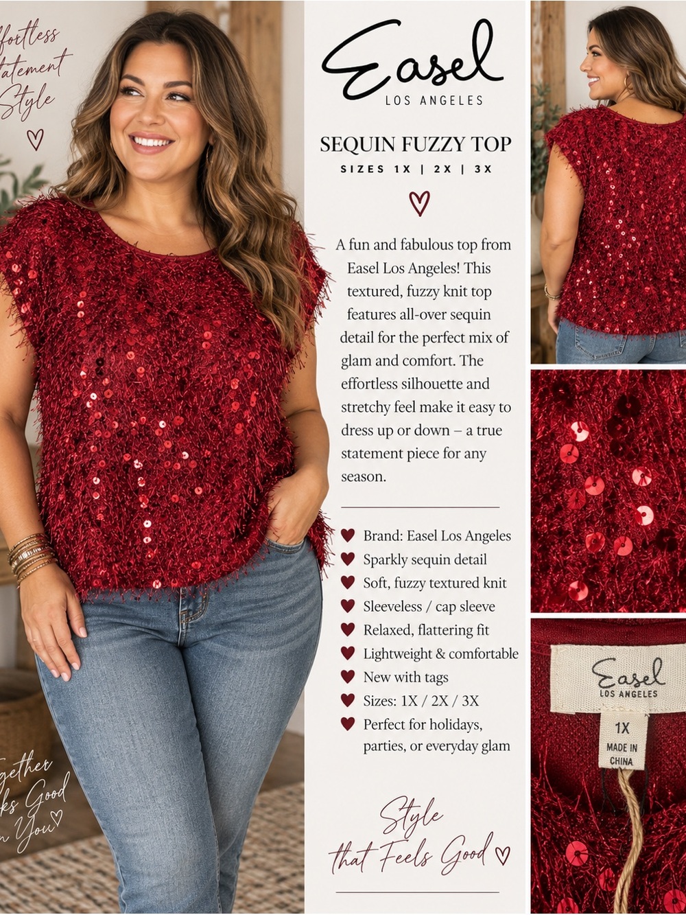Easel Red Sequin Fuzzy Top